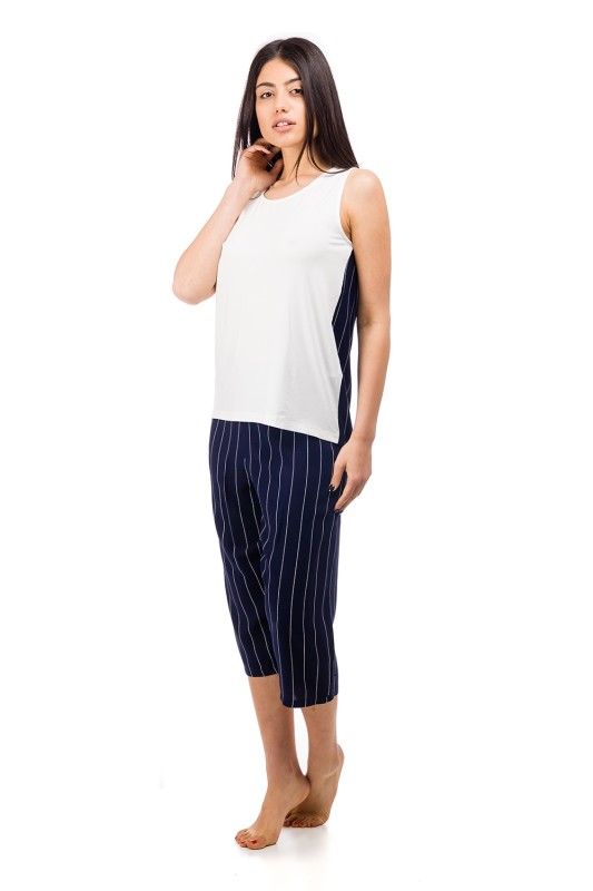 Vienetta Homewear Γυναικεία Πυτζάμα αμάνικη διπλής όψης με ριγέ κάπρι παντελόνι-809206